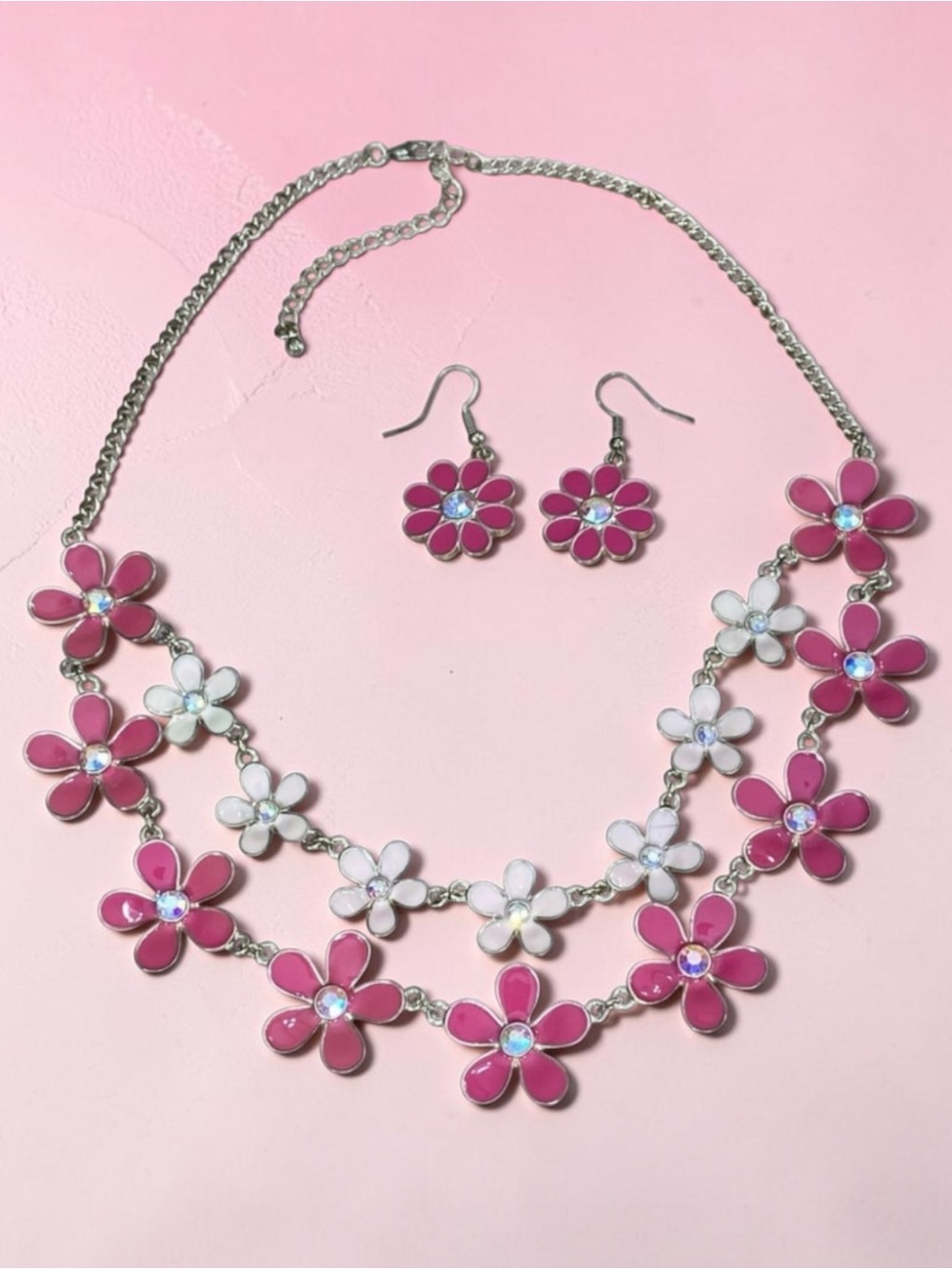 Floral Pink and White Necklace and Earring Set
